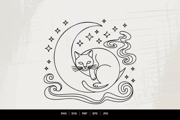Download Celestial Sleeping Cat Moon Line Art SVG - Premium Resources